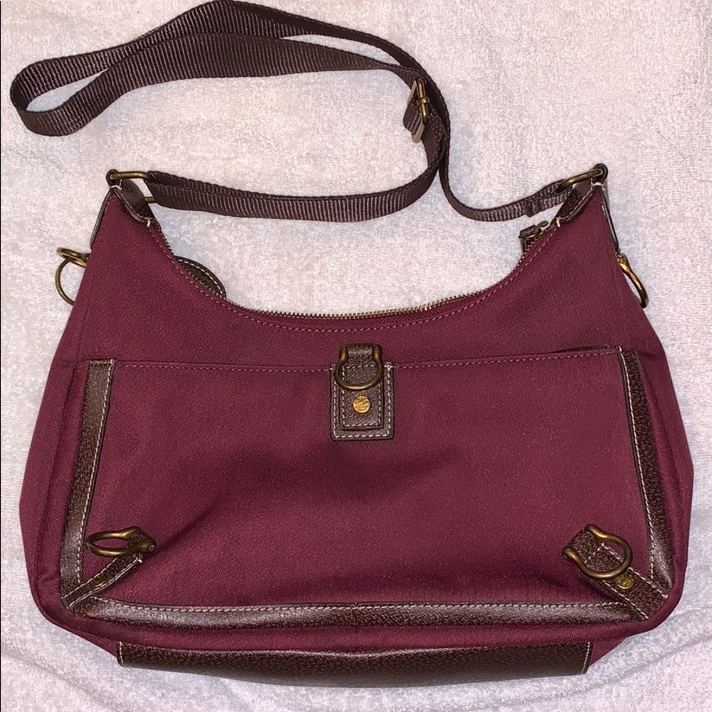 IZOD Burgundy Fabric and Brown Leather Bag.